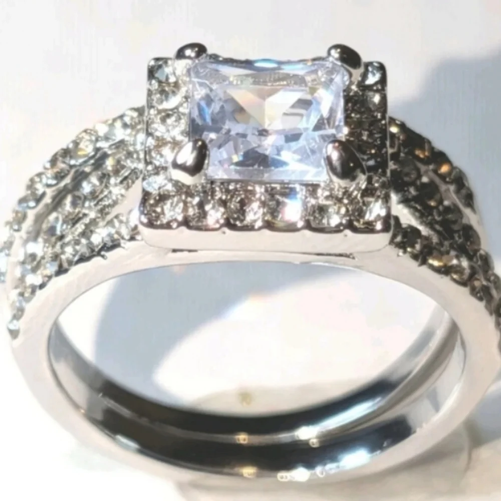 Womens 5ct Princess Cut Lab Created Diamond Halo Trio Wedding Ring Sz 7.5